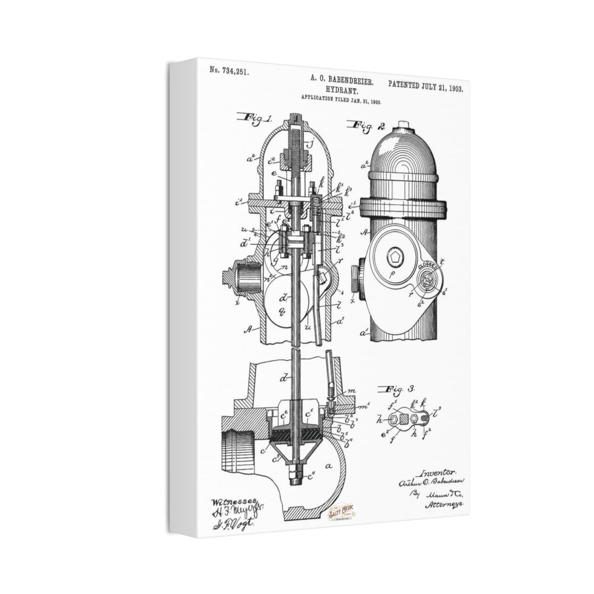 1903 Babendreier Fire Hydrant Patent Wall Art Stretched Canvas, 1.5'' - Salty Medic Clothing Co.