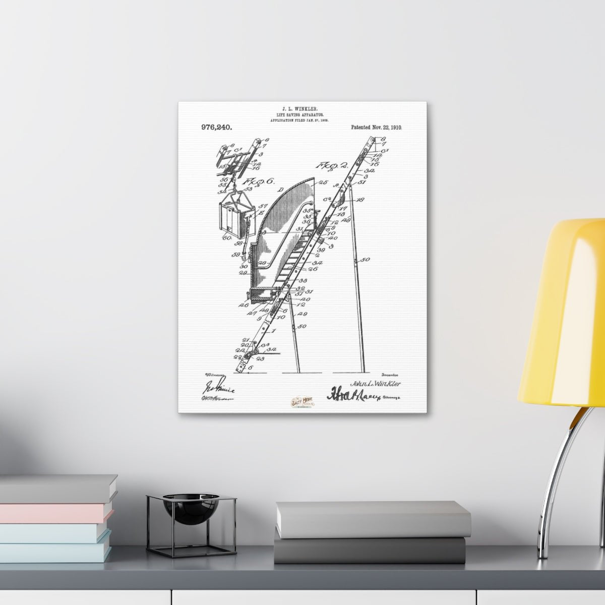 1910 Ladder Life Saving Apparatus Patent Wall Art Stretched Canvas, 1.5'' - Salty Medic Clothing Co.