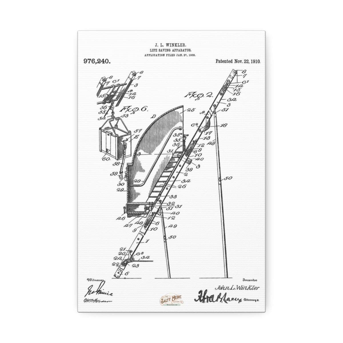 1910 Ladder Life Saving Apparatus Patent Wall Art Stretched Canvas, 1.5'' - Salty Medic Clothing Co.