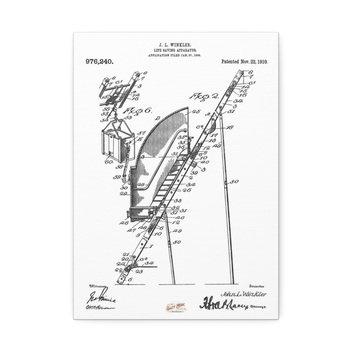 1910 Ladder Life Saving Apparatus Patent Wall Art Stretched Canvas, 1.5'' - Salty Medic Clothing Co.