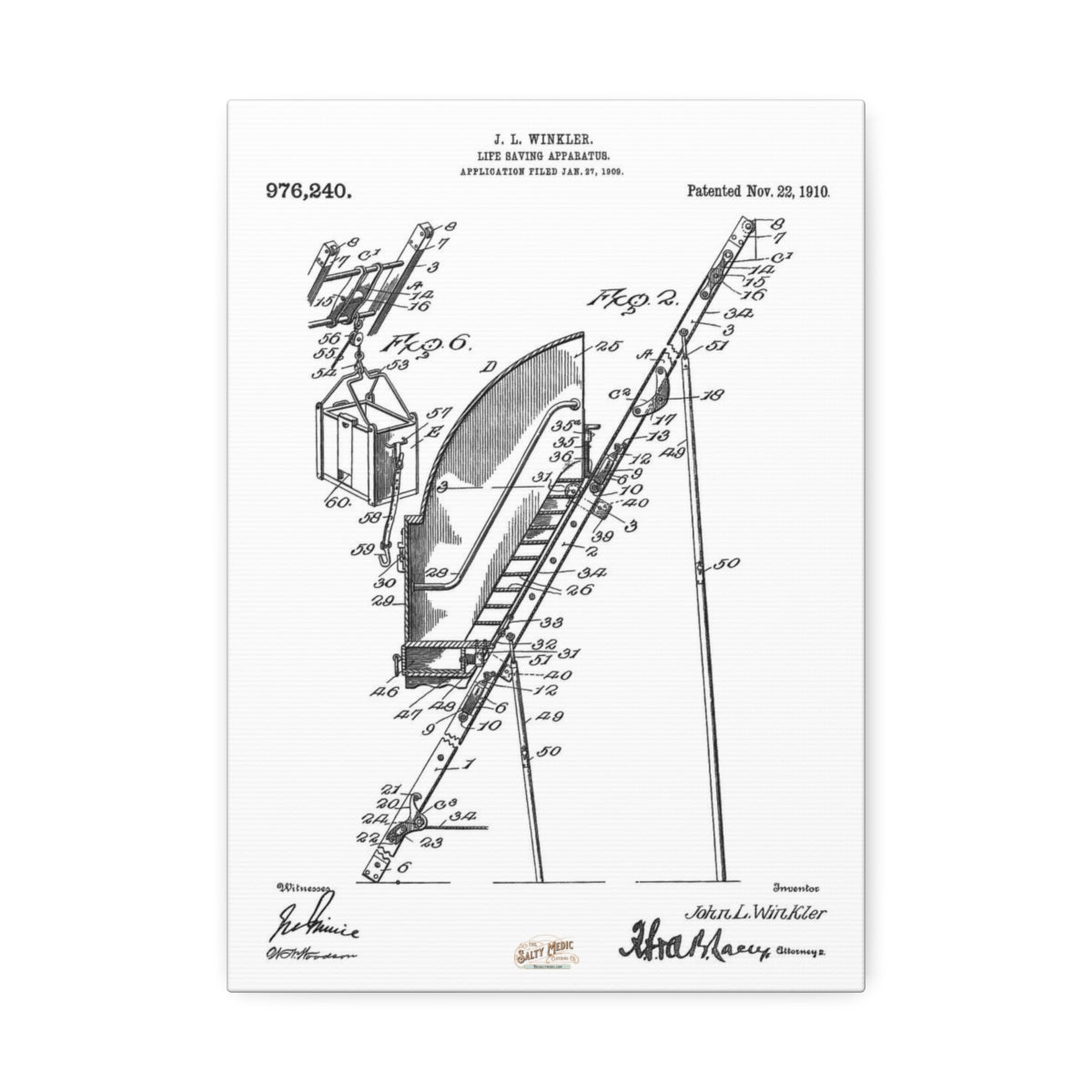 1910 Ladder Life Saving Apparatus Patent Wall Art Stretched Canvas, 1.5'' 10'' x 14'' (Vertical) 1.5''