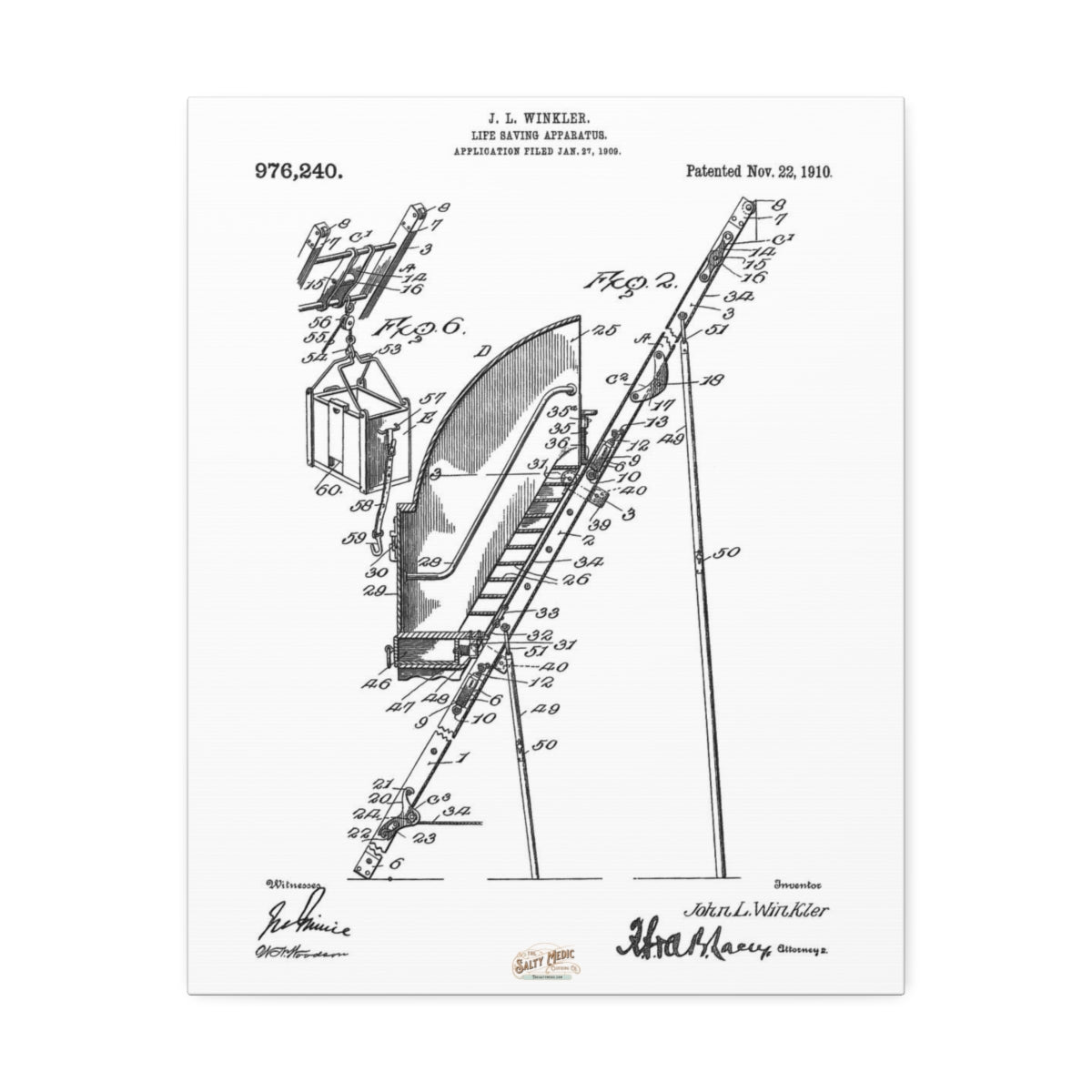 1910 Ladder Life Saving Apparatus Patent Wall Art Stretched Canvas, 1.5'' - Salty Medic Clothing Co.