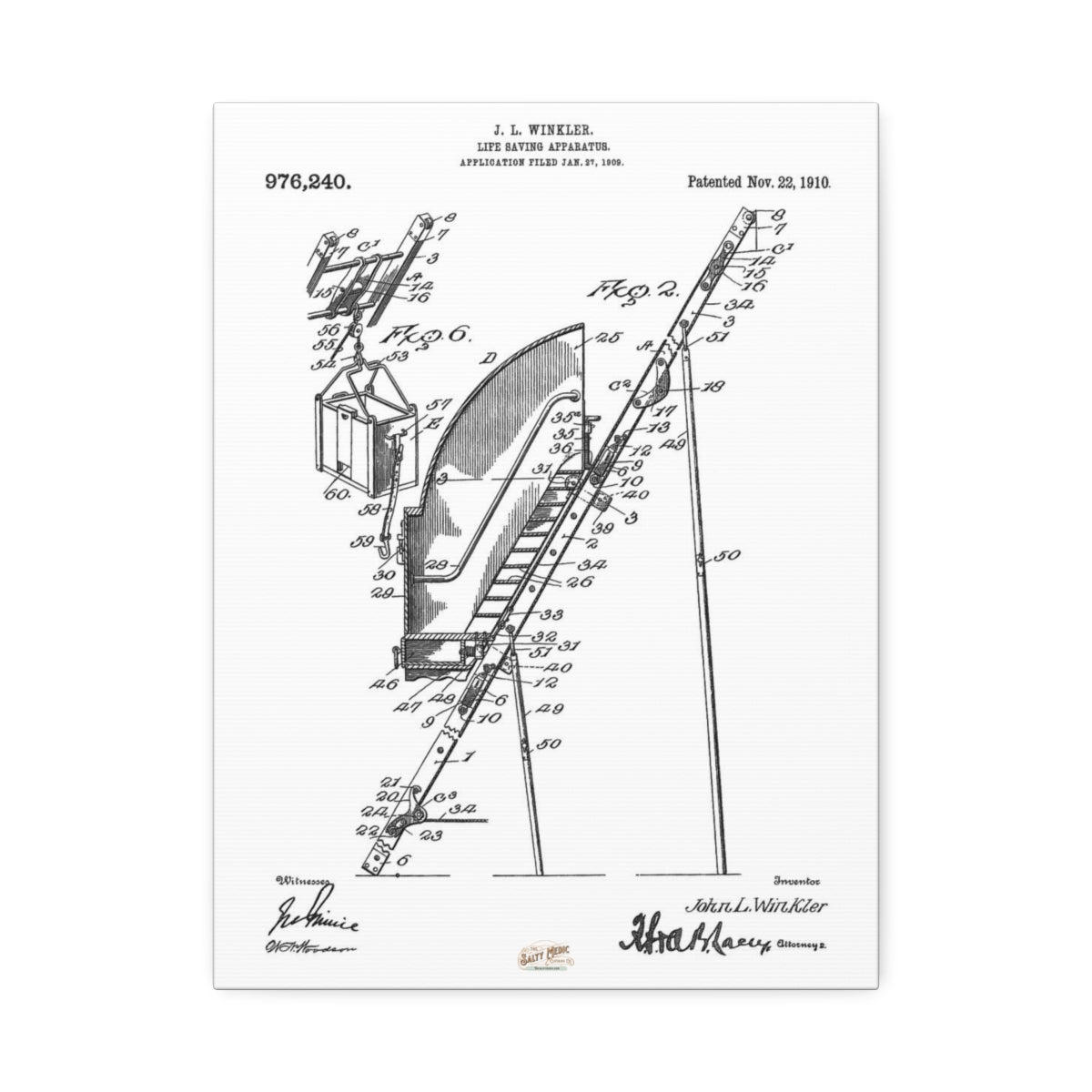 1910 Ladder Life Saving Apparatus Patent Wall Art Stretched Canvas, 1.5'' - Salty Medic Clothing Co.