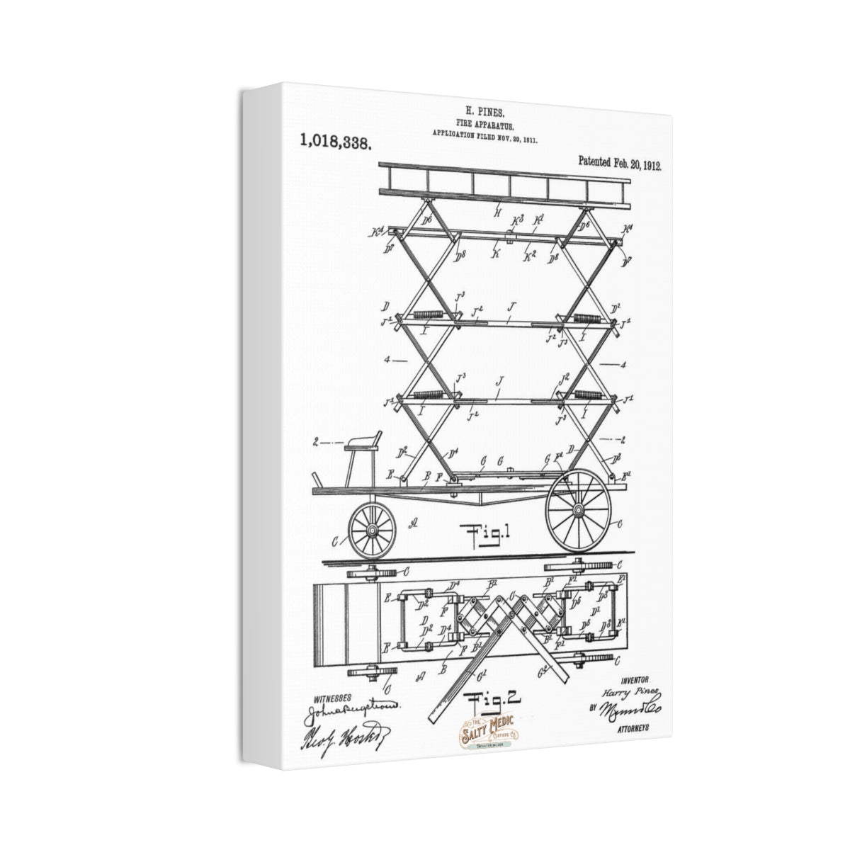 1912 Fireman's Lift Patent Wall Art Stretched Canvas, 1.5''