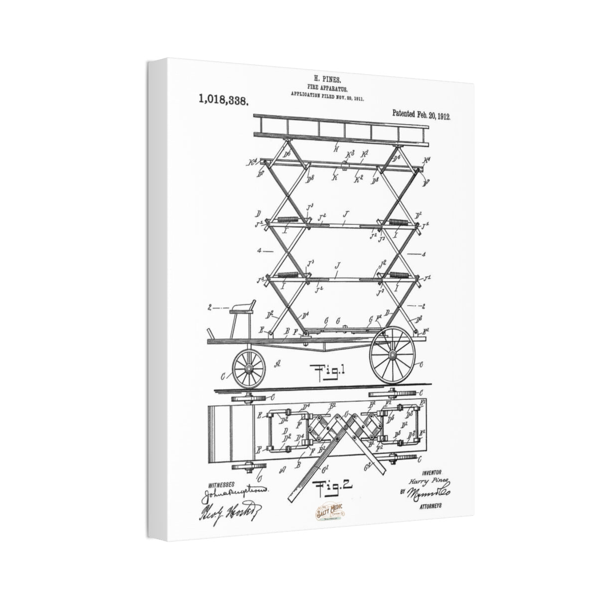 1912 Fireman's Lift Patent Wall Art Stretched Canvas, 1.5''