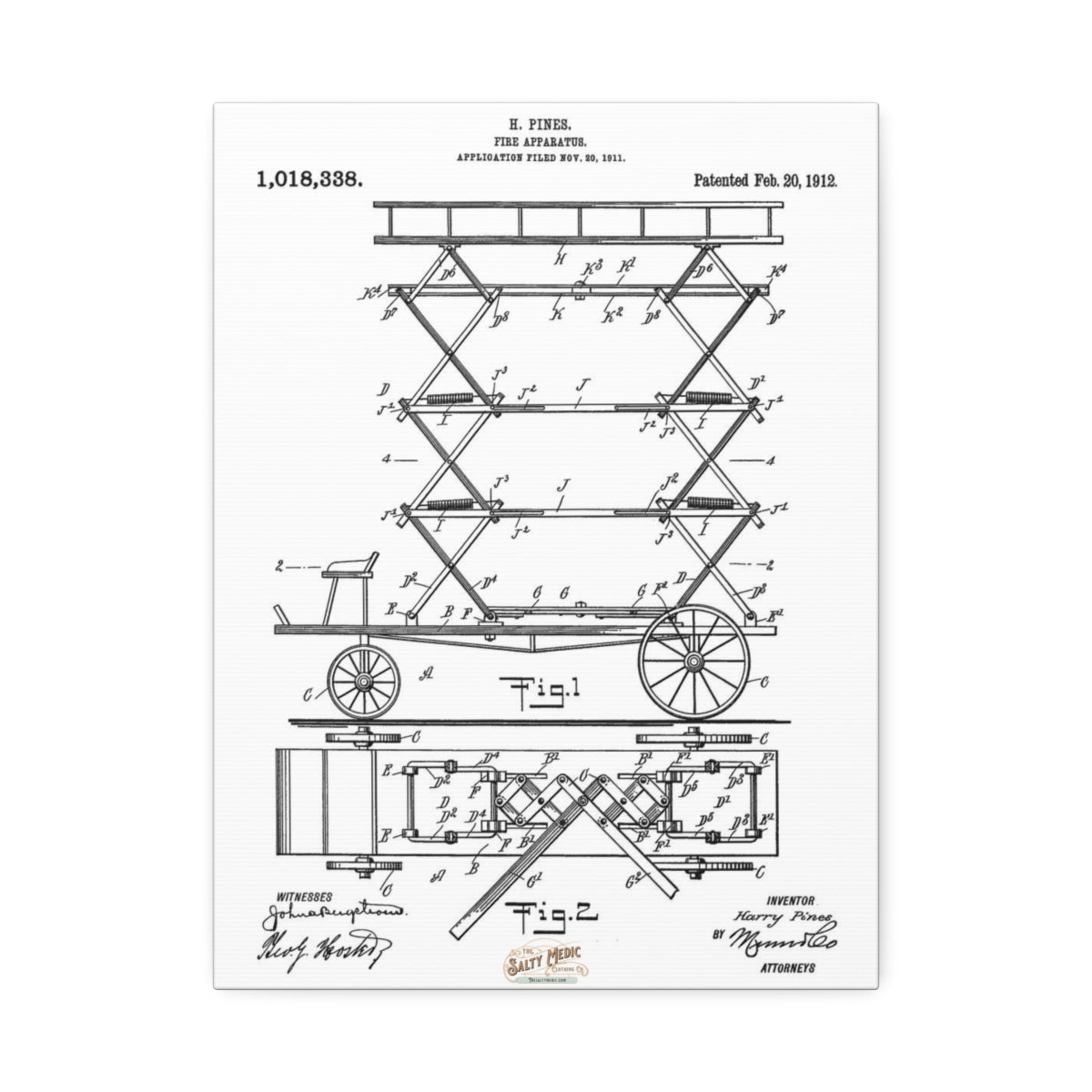 1912 Fireman's Lift Patent Wall Art Stretched Canvas, 1.5'' 12″ x 16″ (Vertical) 1.5''