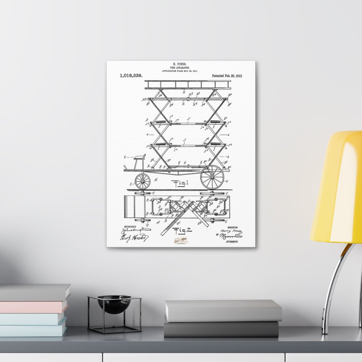 1912 Fireman's Lift Patent Wall Art Stretched Canvas, 1.5'' - Salty Medic Clothing Co.