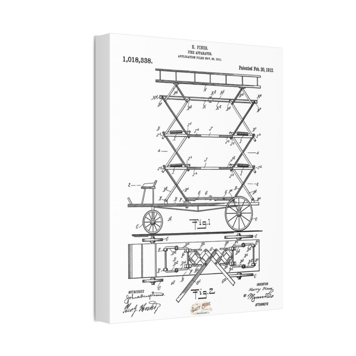 1912 Fireman's Lift Patent Wall Art Stretched Canvas, 1.5''