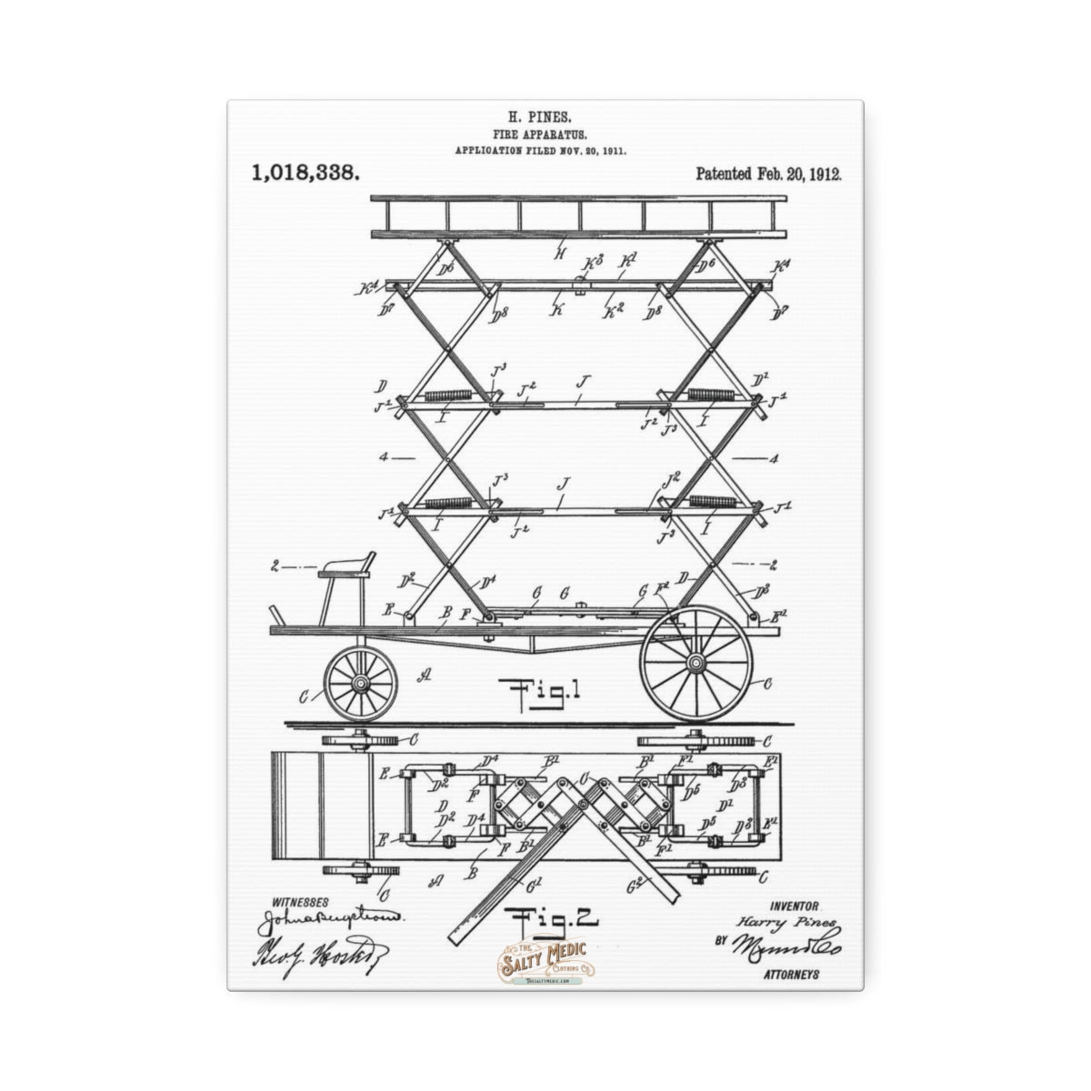 1912 Fireman's Lift Patent Wall Art Stretched Canvas, 1.5'' 10'' x 14'' (Vertical) 1.5''