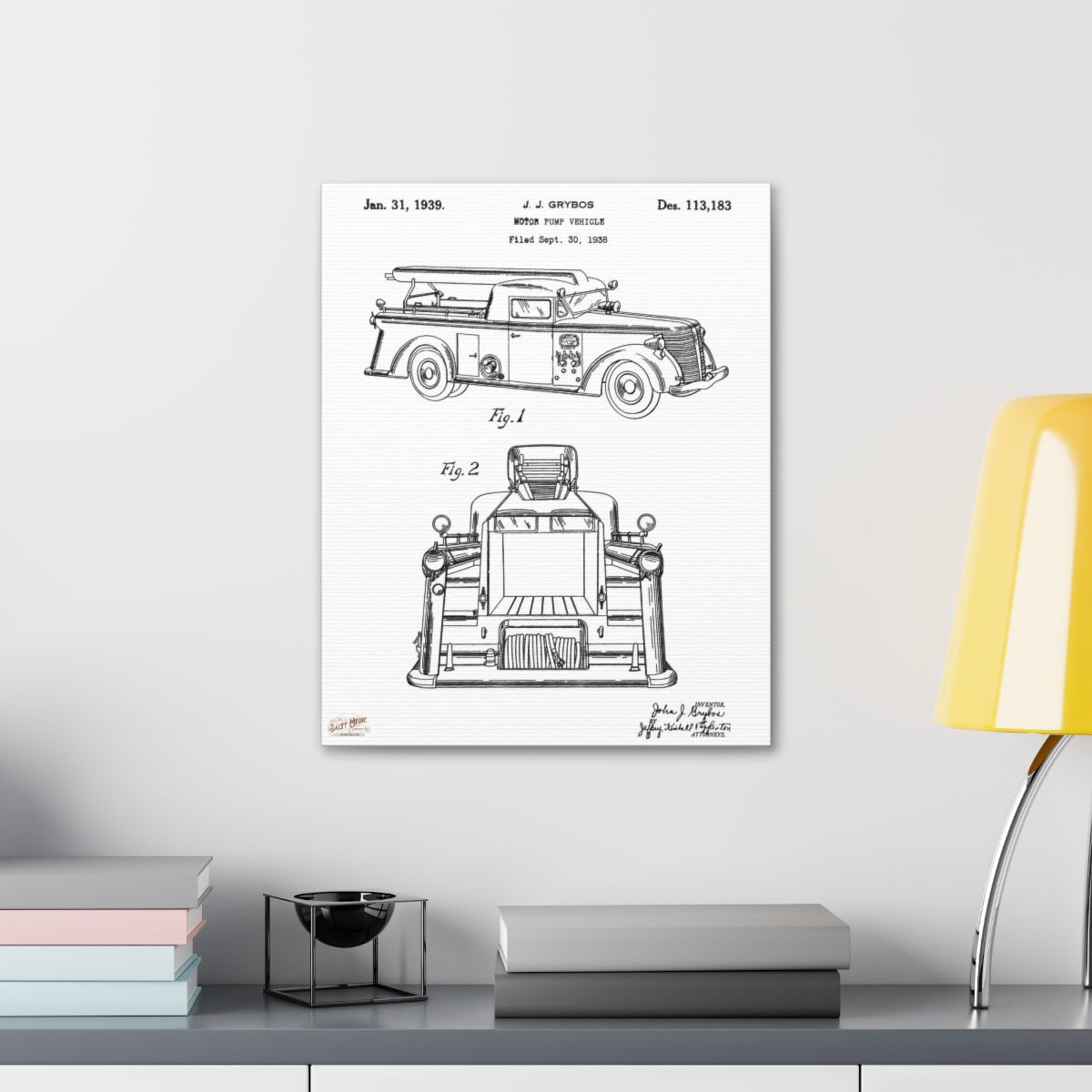 1939 J. J. Grybos Fire Engine Motor Pump Vehicle Patent Wall Art Stretched Canvas, 1.5'' - Salty Medic Clothing Co.