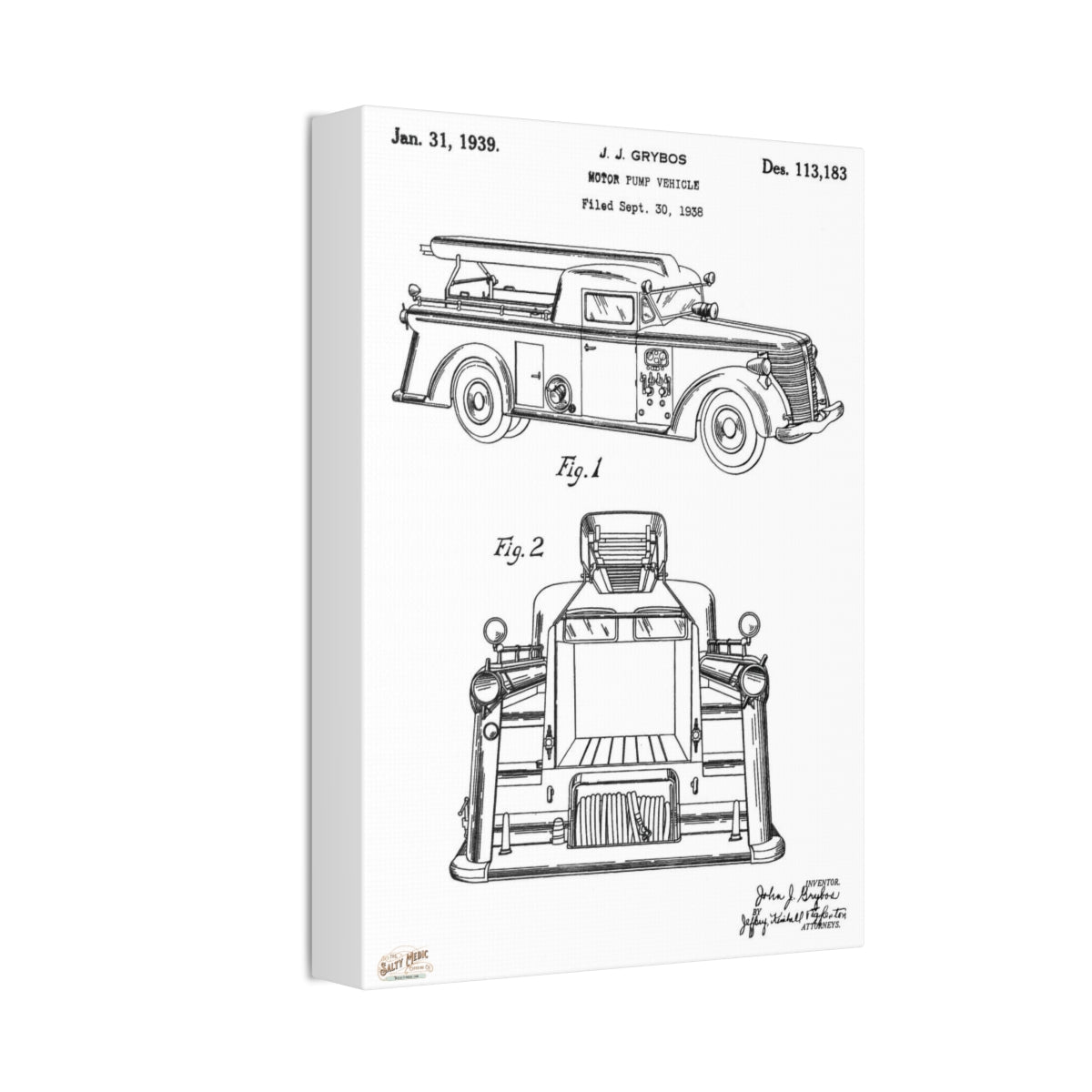 1939 J. J. Grybos Fire Engine Motor Pump Vehicle Patent Wall Art Stretched Canvas, 1.5''