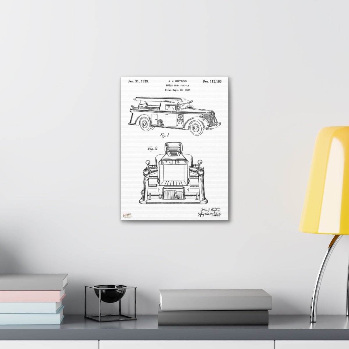 1939 J. J. Grybos Fire Engine Motor Pump Vehicle Patent Wall Art Stretched Canvas, 1.5''