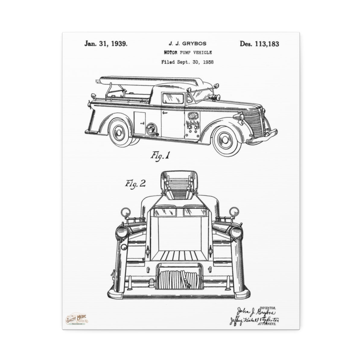 1939 J. J. Grybos Fire Engine Motor Pump Vehicle Patent Wall Art Stretched Canvas, 1.5''