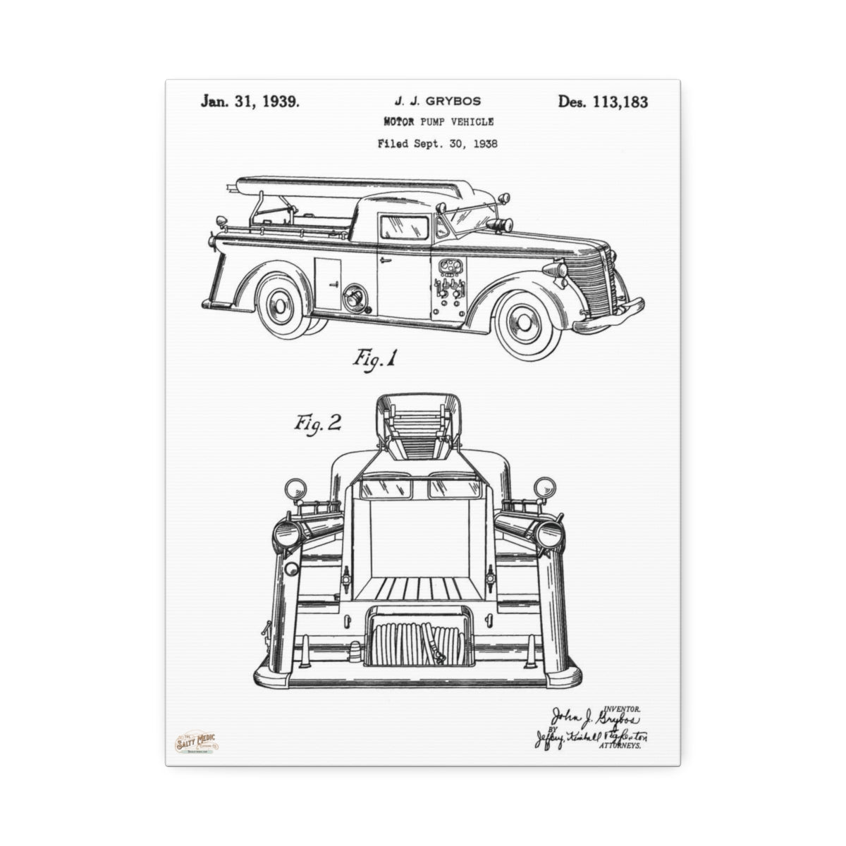 1939 J. J. Grybos Fire Engine Motor Pump Vehicle Patent Wall Art Stretched Canvas, 1.5'' 12″ x 16″ (Vertical) 1.5''