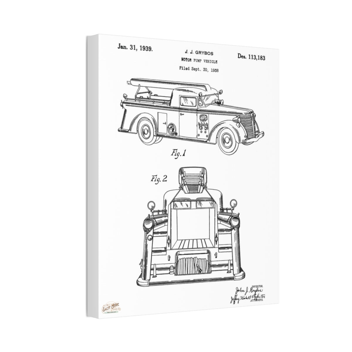 1939 J. J. Grybos Fire Engine Motor Pump Vehicle Patent Wall Art Stretched Canvas, 1.5''