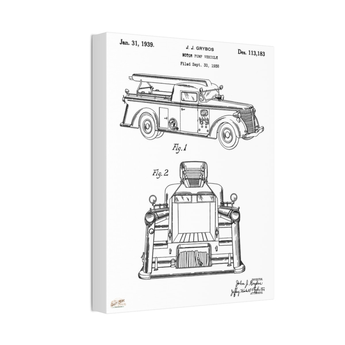 1939 J. J. Grybos Fire Engine Motor Pump Vehicle Patent Wall Art Stretched Canvas, 1.5''