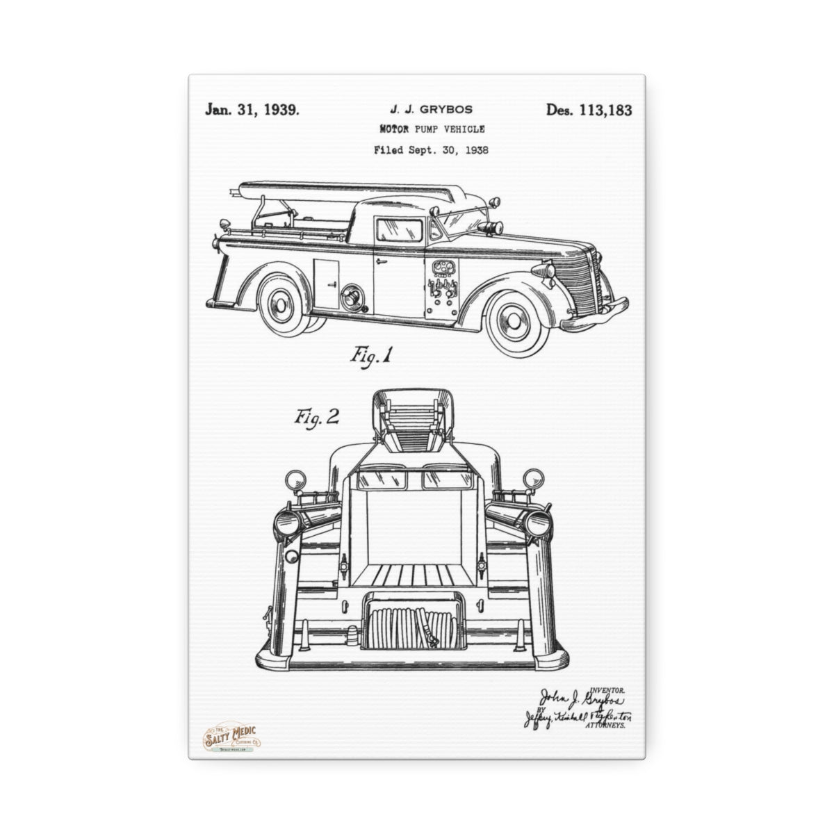 1939 J. J. Grybos Fire Engine Motor Pump Vehicle Patent Wall Art Stretched Canvas, 1.5'' 8" x 12" (Vertical) 1.5''