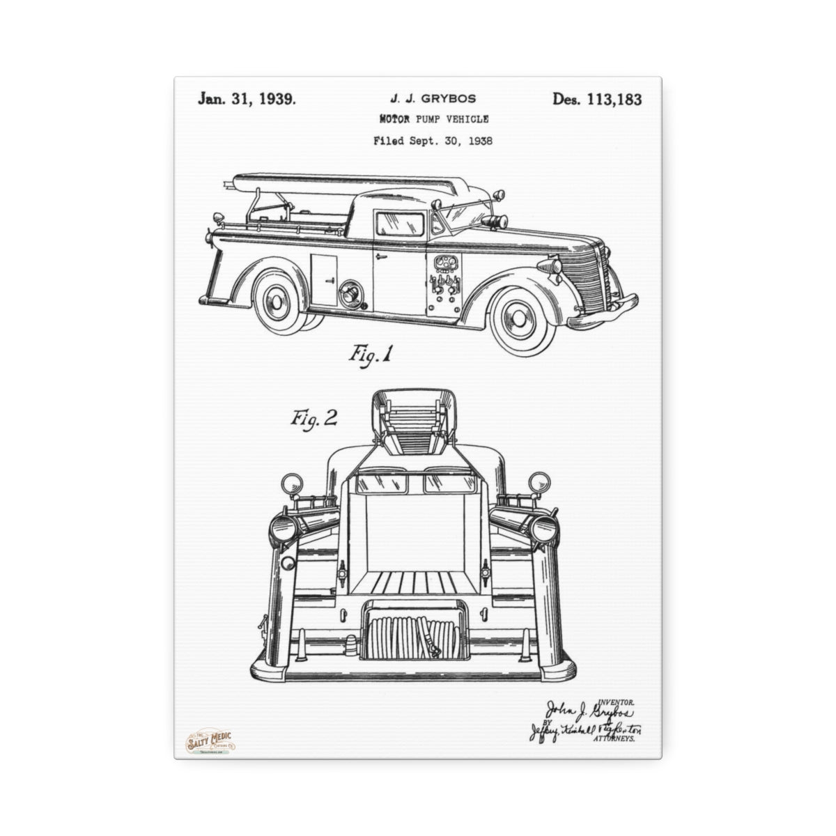 1939 J. J. Grybos Fire Engine Motor Pump Vehicle Patent Wall Art Stretched Canvas, 1.5'' 10'' x 14'' (Vertical) 1.5''