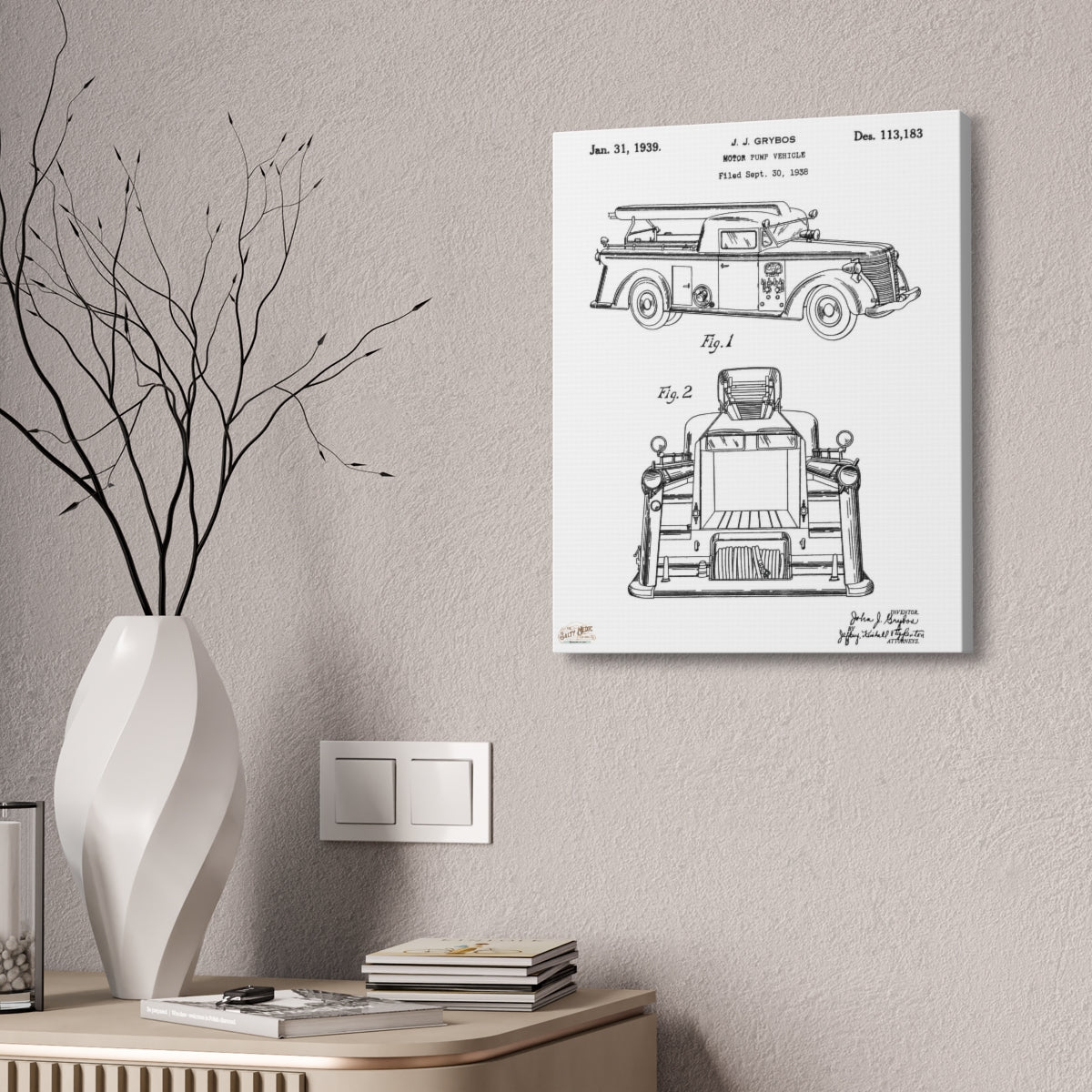 1939 J. J. Grybos Fire Engine Motor Pump Vehicle Patent Wall Art Stretched Canvas, 1.5''