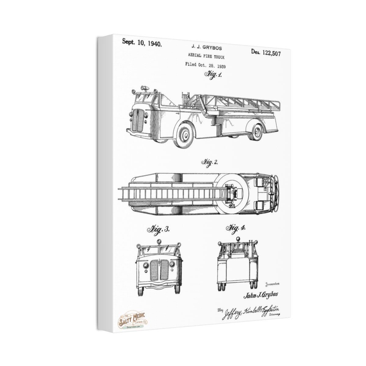 1940 Aerial Fire Truck Patent Wall Art Stretched Canvas, 1.5''