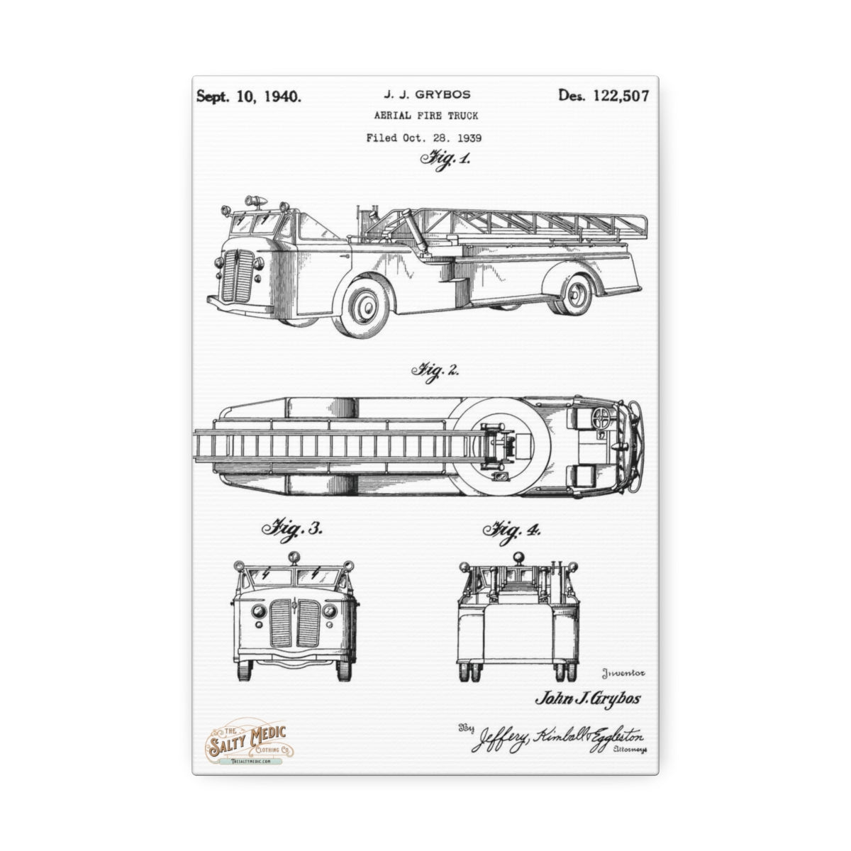 1940 Aerial Fire Truck Patent Wall Art Stretched Canvas, 1.5'' 8" x 12" (Vertical) 1.5''