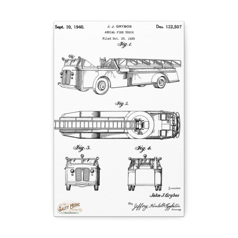 1940 Aerial Fire Truck Patent Wall Art Stretched Canvas, 1.5'' - Salty Medic Clothing Co.