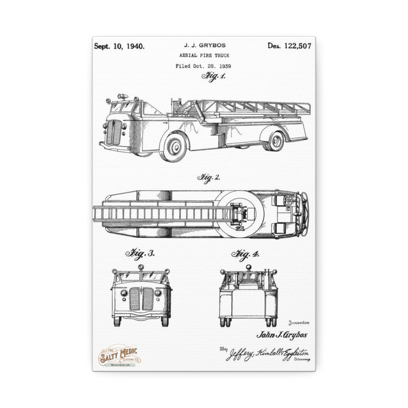 1940 Aerial Fire Truck Patent Wall Art Stretched Canvas, 1.5'' 8" x 12" (Vertical) 1.5''