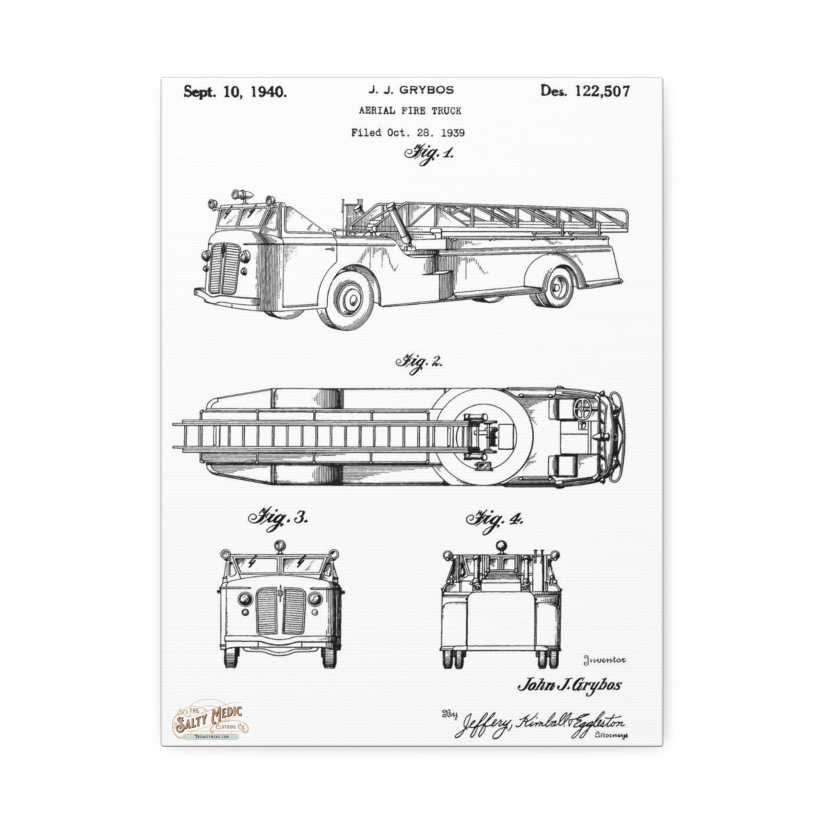 1940 Aerial Fire Truck Patent Wall Art Stretched Canvas, 1.5'' 12″ x 16″ (Vertical) 1.5''