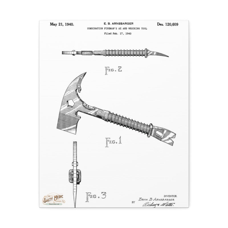 1940 Fireman's Ax & Wrecking Tool Patent Wall Art Stretched Canvas, 1.5'' - Salty Medic Clothing Co.