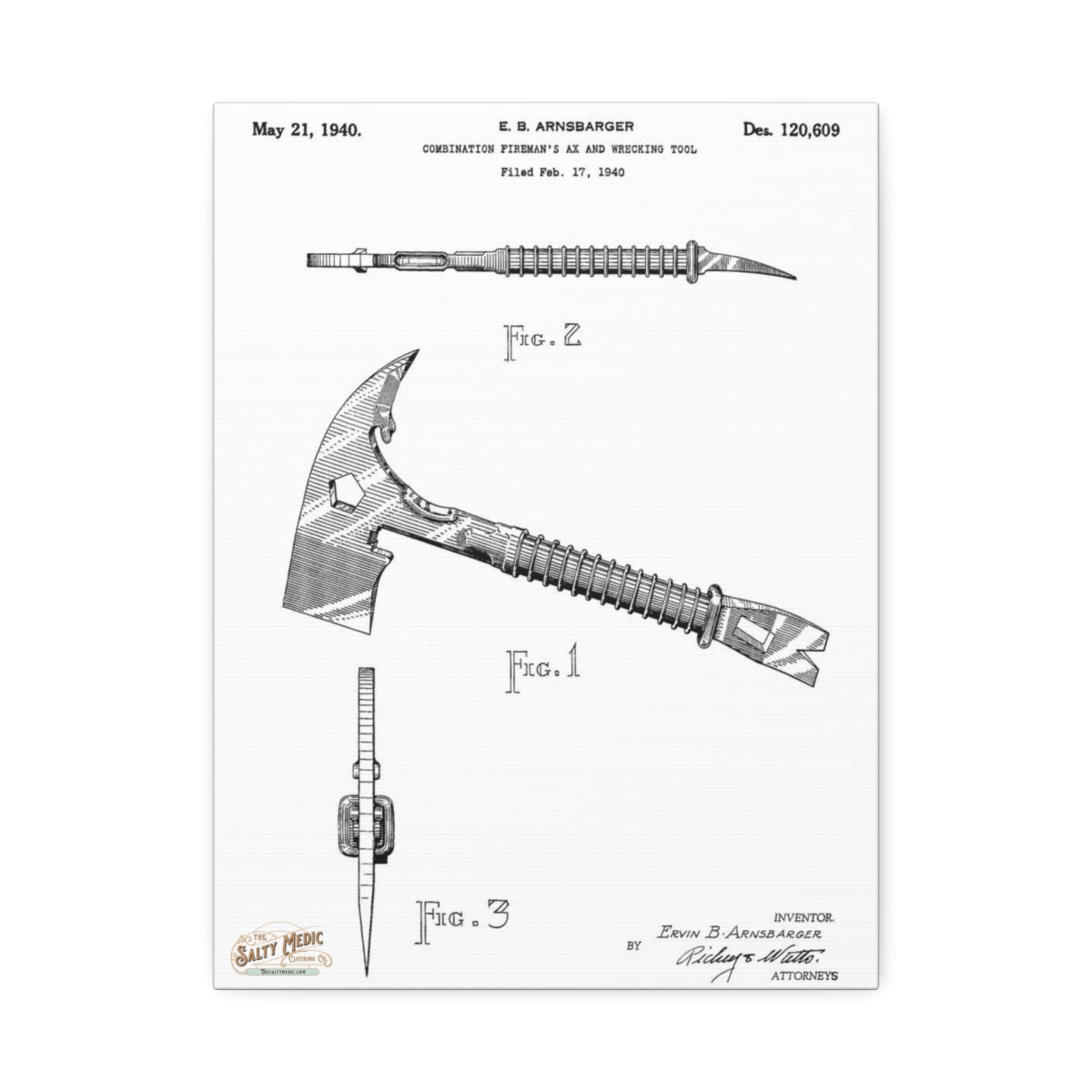 1940 Fireman's Ax & Wrecking Tool Patent Wall Art Stretched Canvas, 1.5'' 12″ x 16″ (Vertical) 1.5''