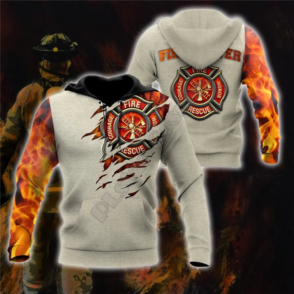 3D Sublimated Fire & Flames Fire Rescue Soldier Hoodie, Zip-up or Sweatshirt