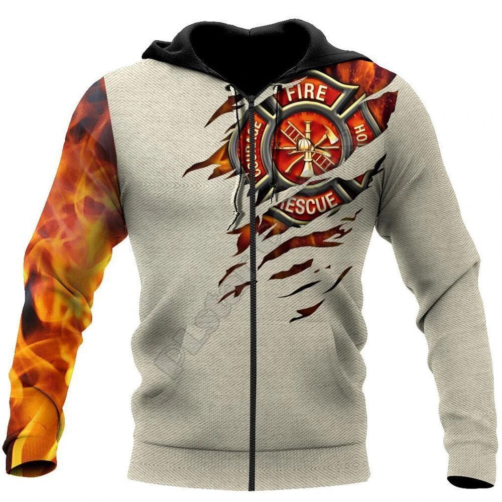 3D Sublimated Fire & Flames Fire Rescue Soldier Hoodie, Zip-up or Sweatshirt Zip-Up Hoodies