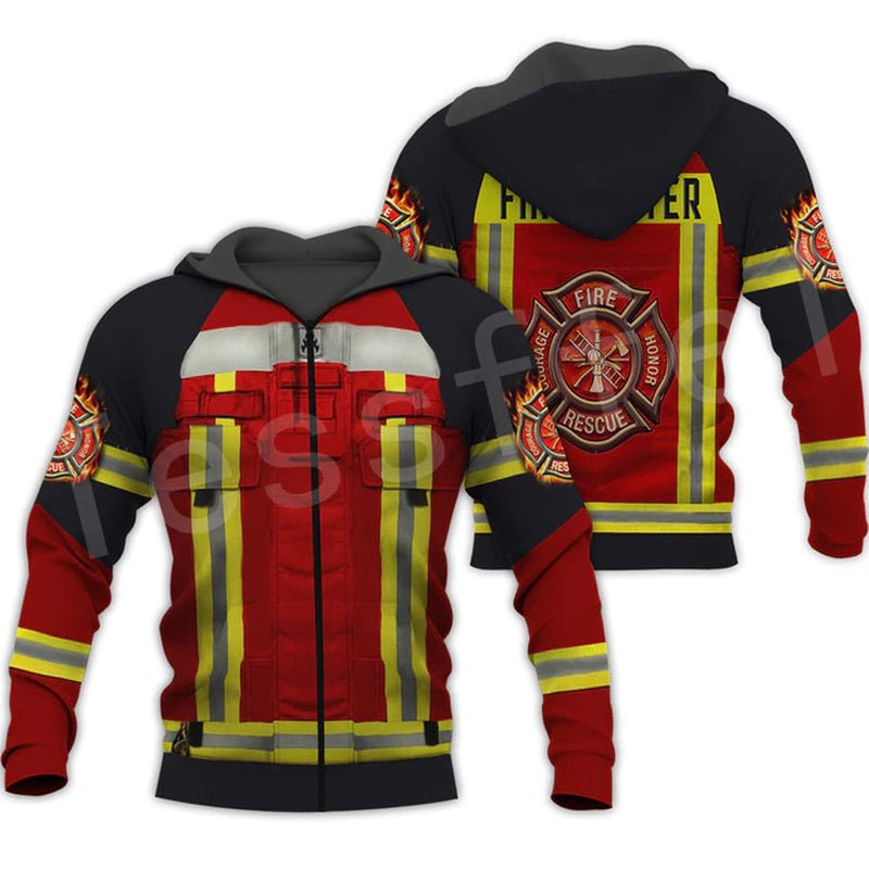 3D Sublimated Red Firefighter Bunker Gear Hoodie, Zip-up or Sweatshirt Zip-Up Hoodies