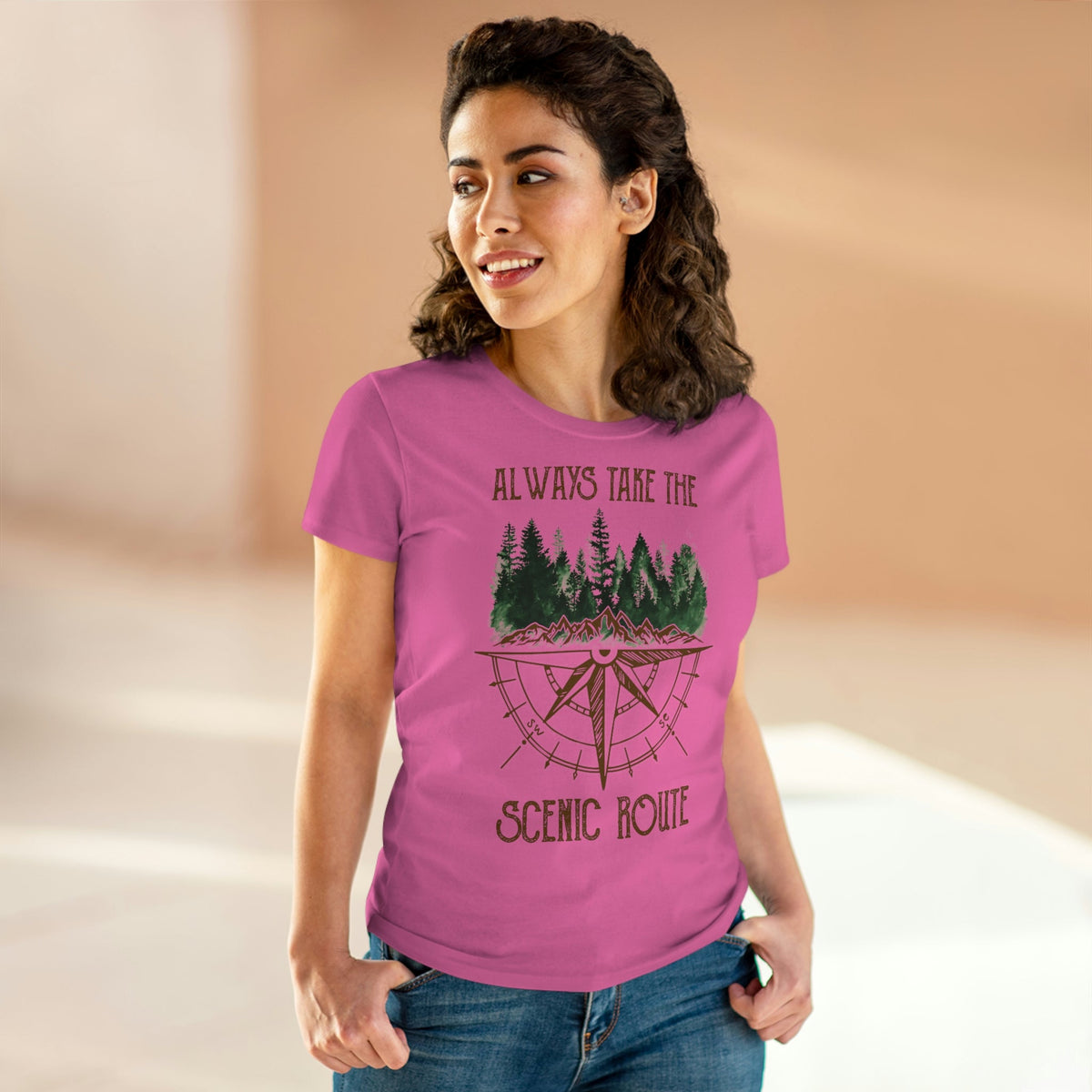 Always Take The Senic Route Women's Midweight Cotton Tee Azalea