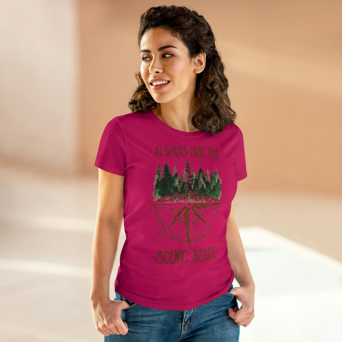 Always Take The Senic Route Women's Midweight Cotton Tee Heliconia