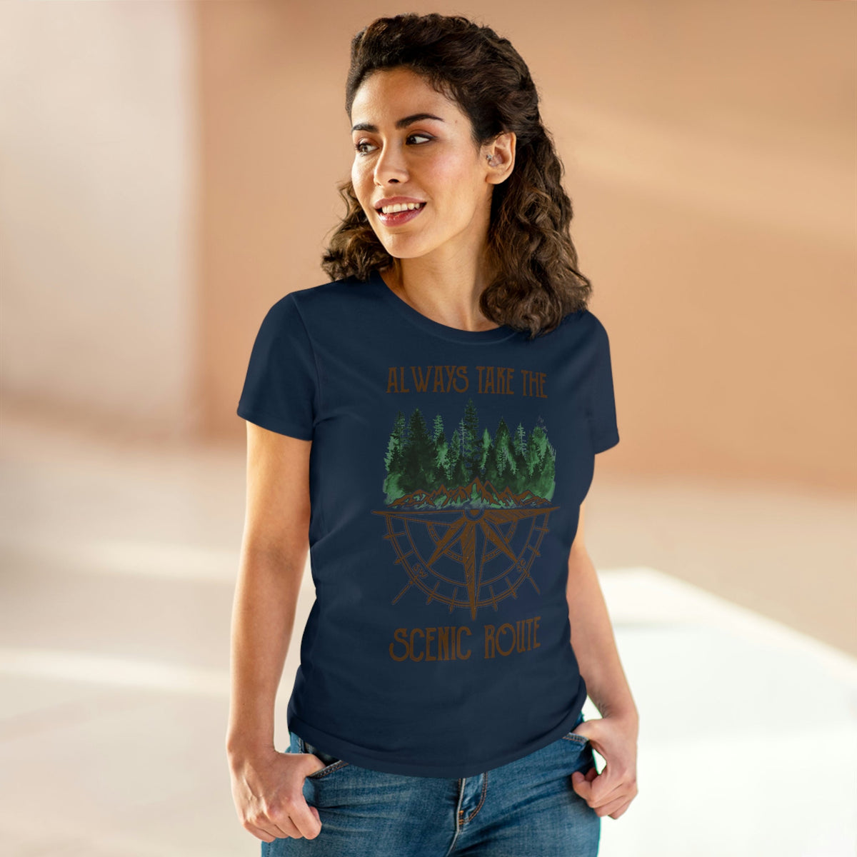 Always Take The Senic Route Women's Midweight Cotton Tee Navy