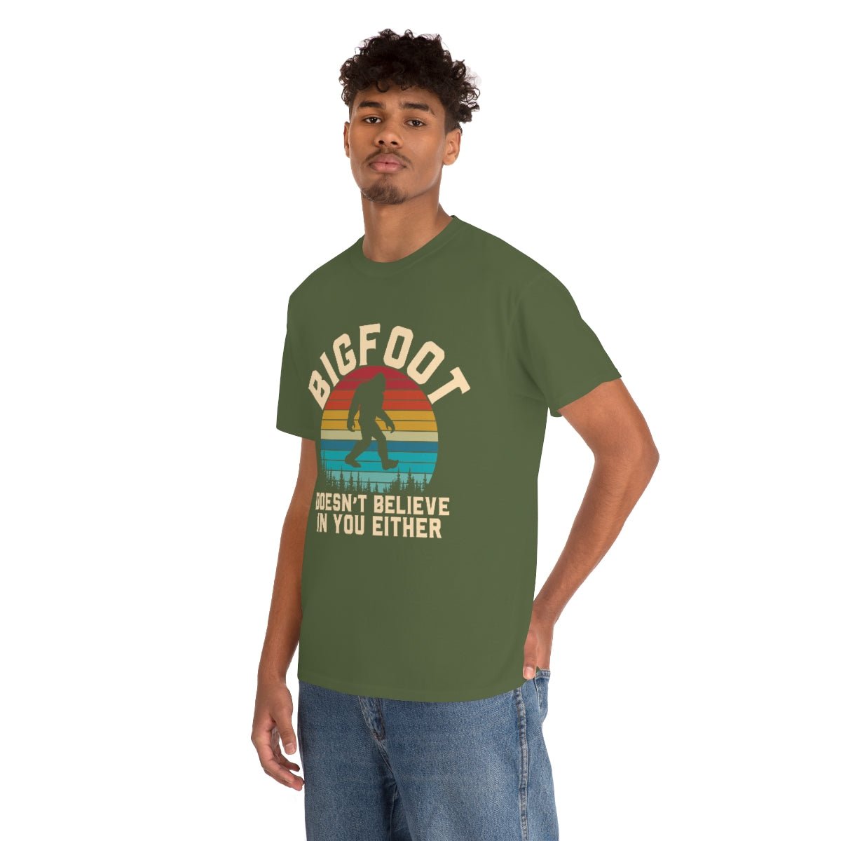 Bigfoot Doesn't Believe Men's Cotton Tee Military Green