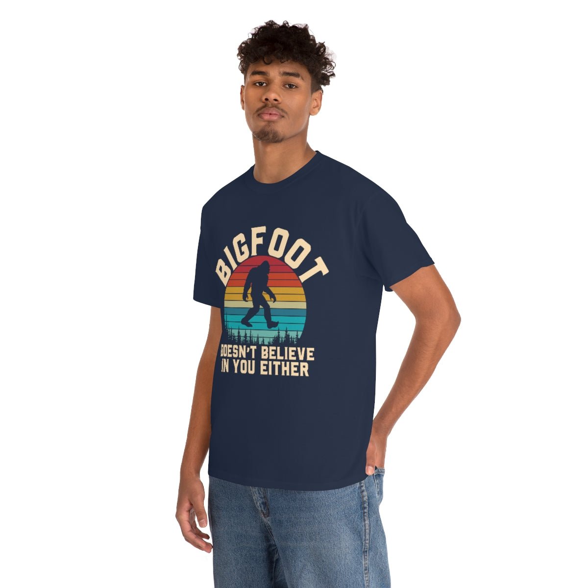 Bigfoot Doesn't Believe Men's Cotton Tee Navy