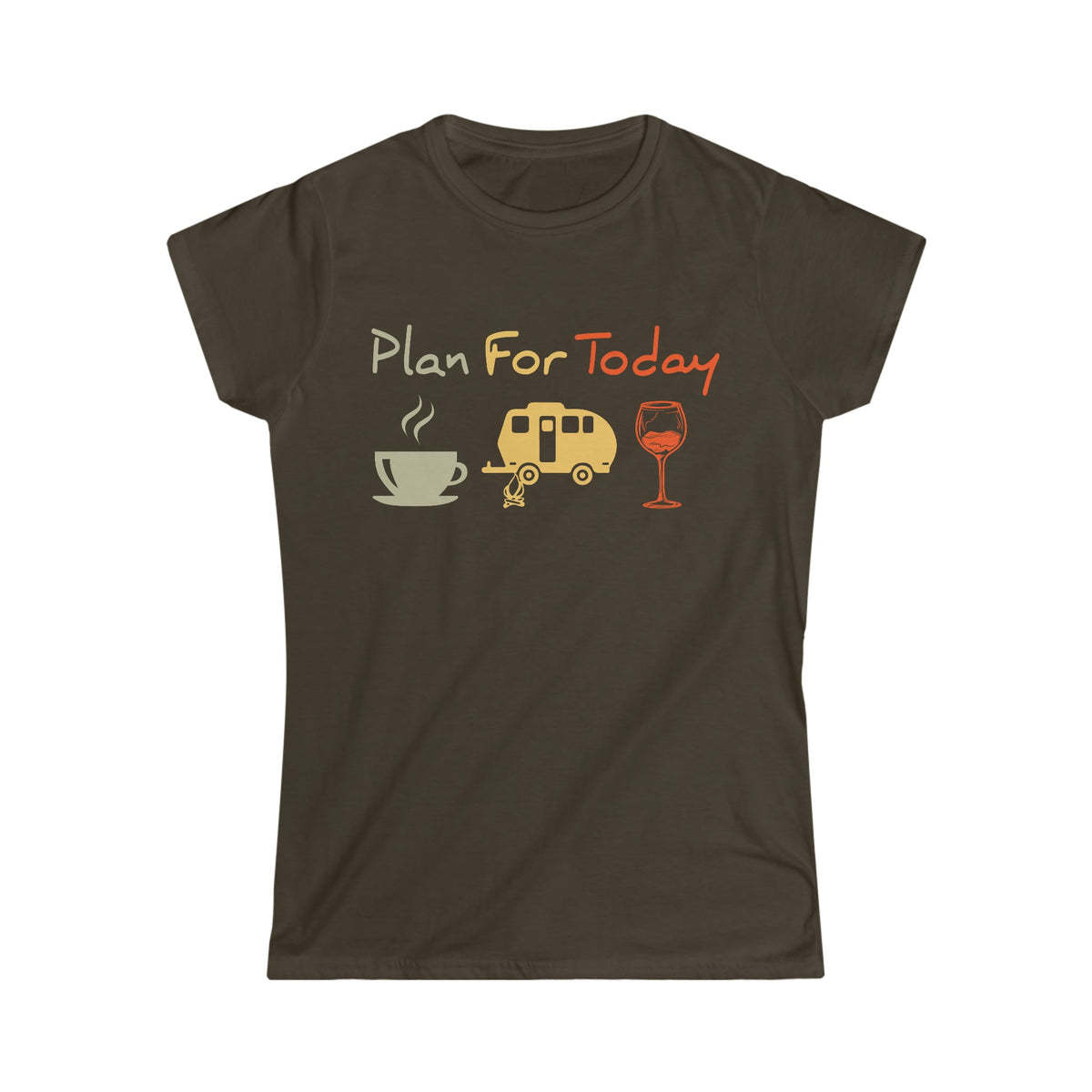 Coffee Camping & Wine Women's Soft Style Tee Dark Chocolate