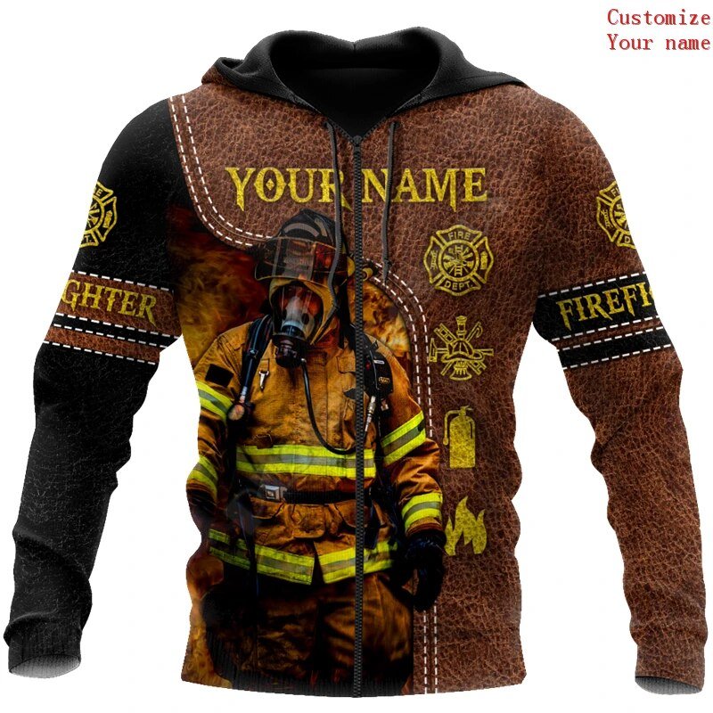 Customized With Your Name - Black and Leather Firefighter Sublimated Hoodie, Zip-Up or Sweatshirt Zip-Up