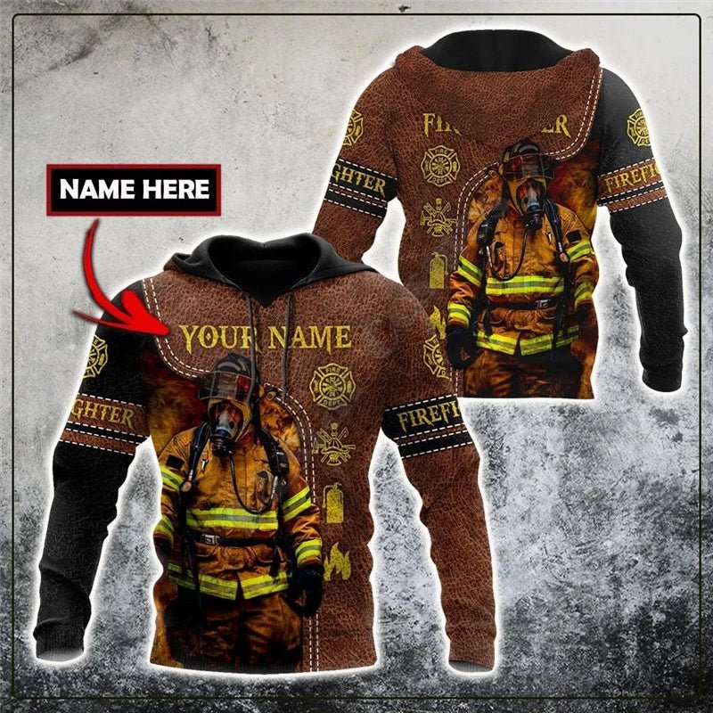 Customized With Your Name - Black and Leather Firefighter Sublimated Hoodie, Zip-Up or Sweatshirt Hoodie