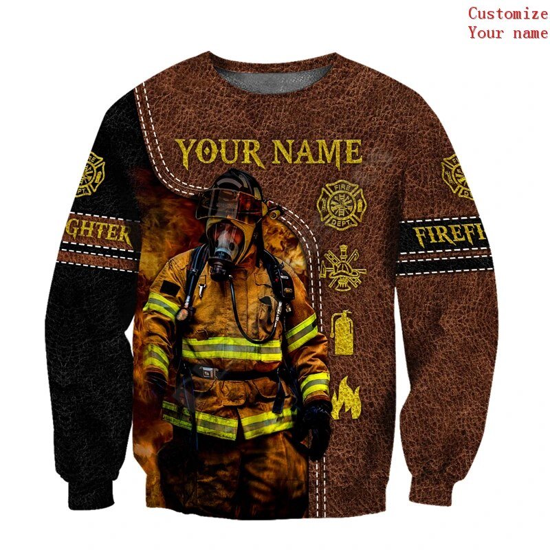 Customized With Your Name - Black and Leather Firefighter Sublimated Hoodie, Zip-Up or Sweatshirt Sweatshirt