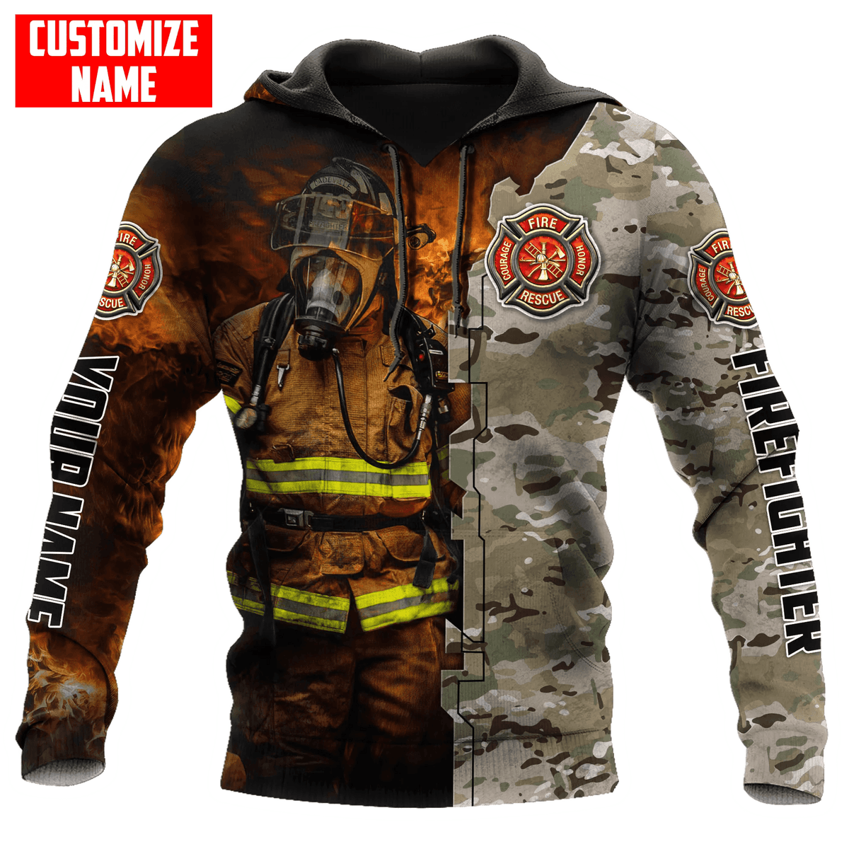 Customized With Your Name - Camo Fireman In Action Firefighter Sublimated Hoodie, Zip-Up or Sweatshirt - Salty Medic Clothing Co.