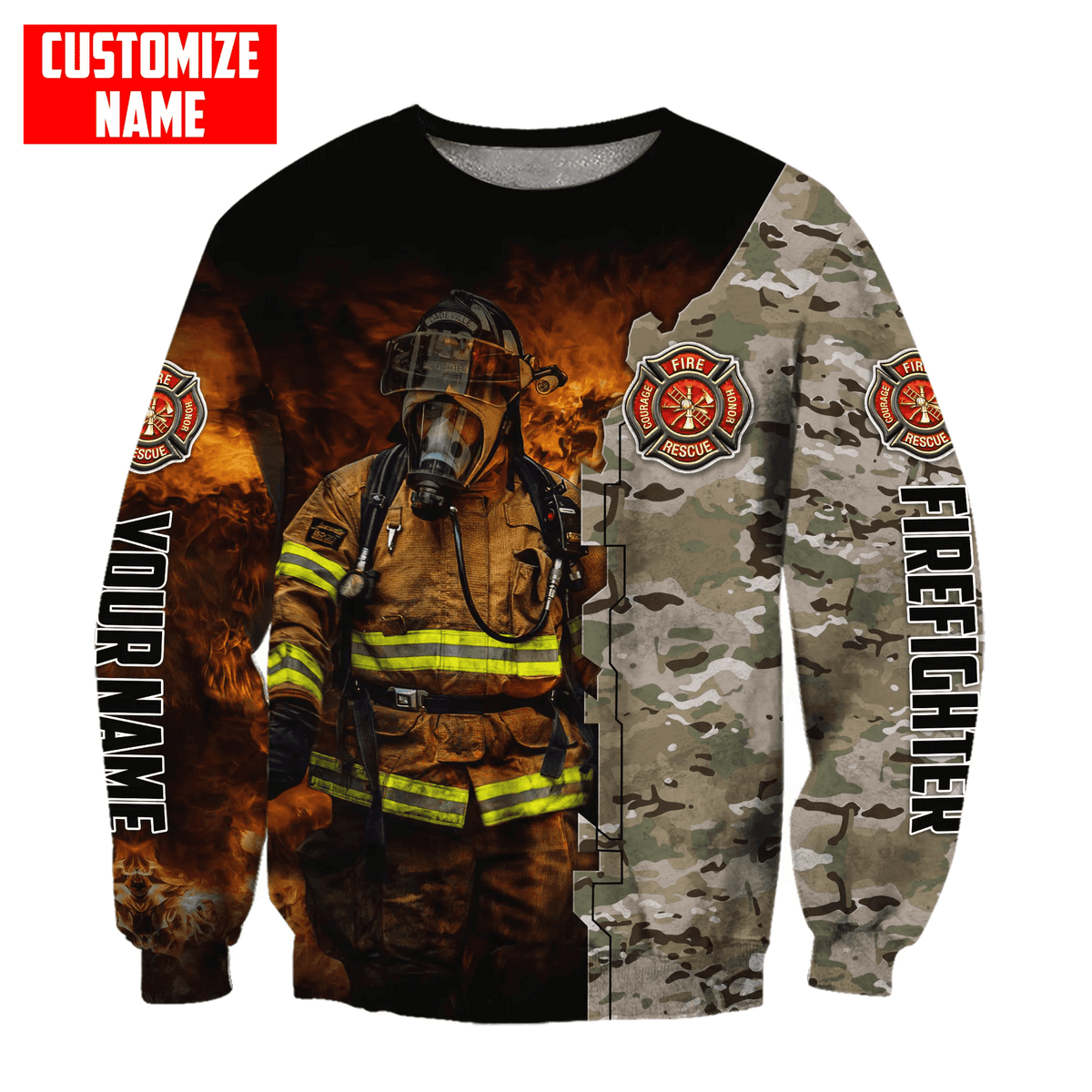 Customized With Your Name - Camo Fireman In Action Firefighter Sublimated Hoodie, Zip-Up or Sweatshirt Sweatshirt