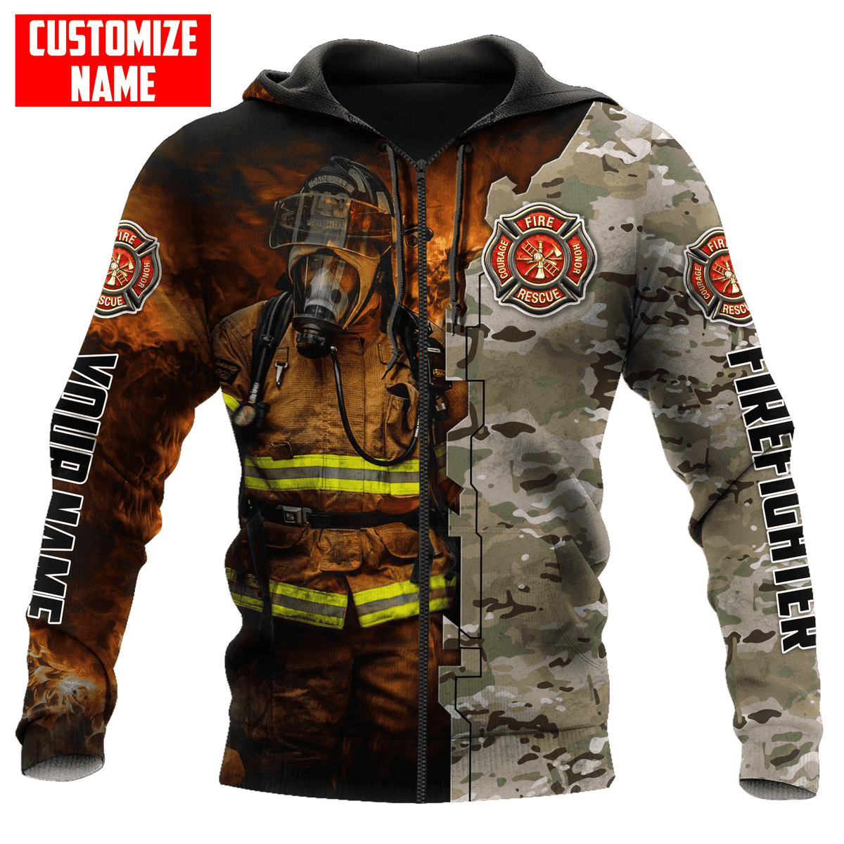 Customized With Your Name - Camo Fireman In Action Firefighter Sublimated Hoodie, Zip-Up or Sweatshirt Zip-Up