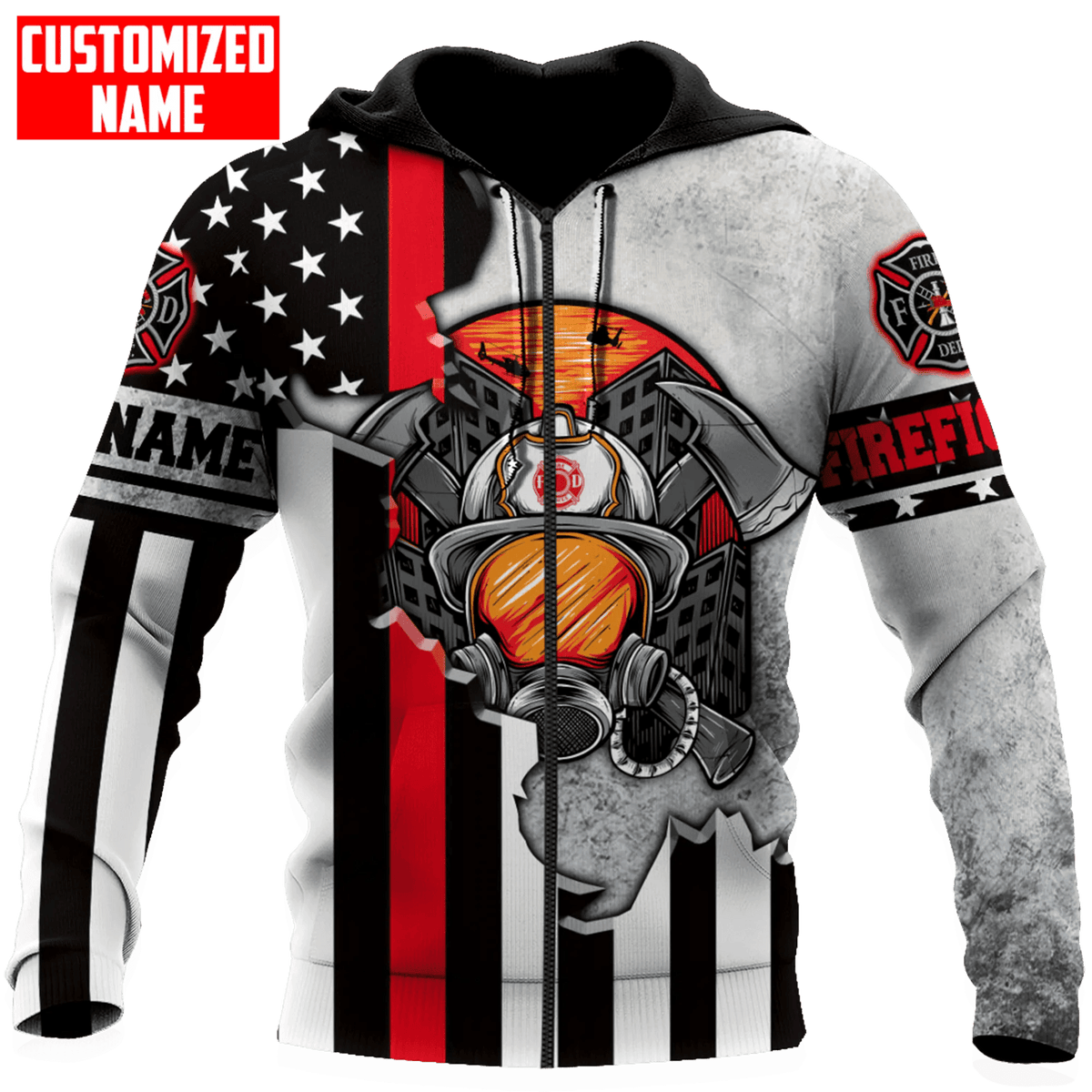 Customized With Your Name - Firefighter Red Stripe USA Flag Sublimated Hoodie, Zip-Up or Sweatshirt Zip-Up