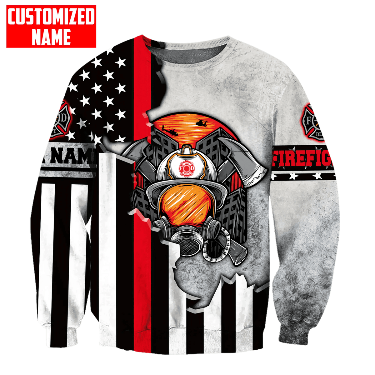 Customized With Your Name - Firefighter Red Stripe USA Flag Sublimated Hoodie, Zip-Up or Sweatshirt Sweatshirt