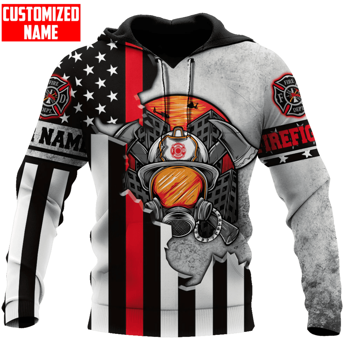 Customized With Your Name - Firefighter Red Stripe USA Flag Sublimated Hoodie, Zip-Up or Sweatshirt - Salty Medic Clothing Co.
