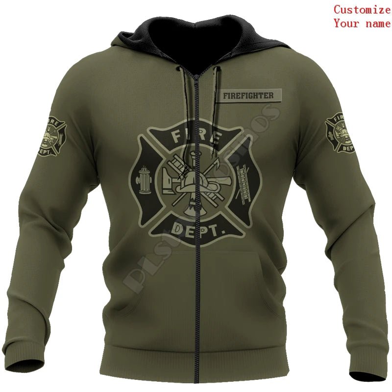 Customized With Your Name - Maltase Cross Olive Drab Firefighter Sublimated Hoodie, Zip-Up or Sweatshirt Zip-Up