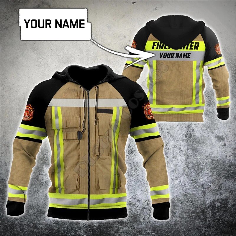 Customized With Your Name - Tan Bunker Gear Fire Rescue Sublimated Hoodie or Zip-Up Zip-Up